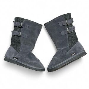 Muk Luks Gray Faux Suede Mid-Calf Boots with Buckle Straps